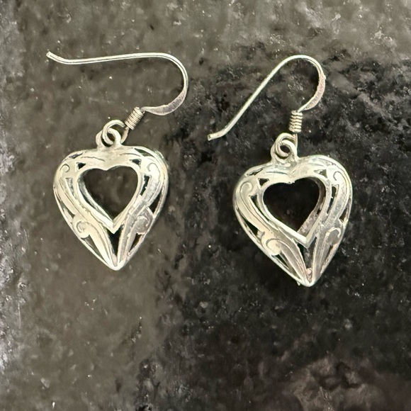 Vintage Sterling Silver Open Heart Filigree Hook Drop Dangle Earrings – 4g - Picture 3 of 9